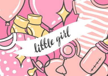 Doğum günün kutlu olsun ve davetiye kartı. Tatil kızı duşta kutlama sembolleri ve eşyalar.