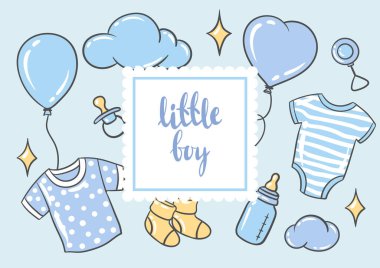 Doğum günün kutlu olsun ve davetiye kartı. Tatil çocuğu duş sembolleri ve eşyalar..