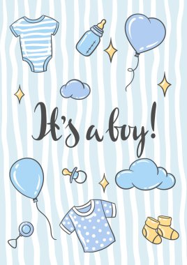 Doğum günün kutlu olsun ve davetiye kartı. Tatil çocuğu duşta kutlama sembolleri ve eşyalar.