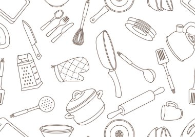 Seamless pattern with kitchen utensils. Cooking equipment for home and restaurant. clipart