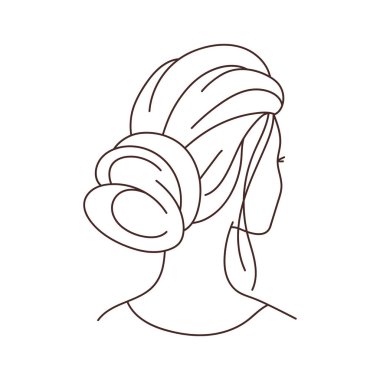 Kafasında saç şekli olan güzel bir genç kız resmi. Kuaförlük ve düğün salonları.