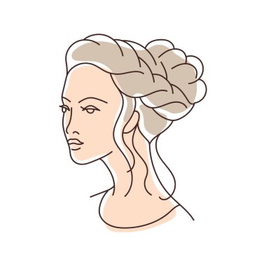 Kafasında saç şekli olan güzel bir genç kız resmi. Kuaförlük ve düğün salonları.