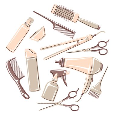 Profesyonel kuaför aletleriyle berber dükkanı geçmişi. Kuaför salonu çizimi.