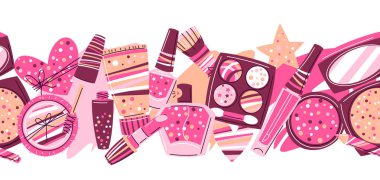 Cilt bakımı ve makyaj için kozmetik ürünleri ile kusursuz desen. Katalog ya da reklam için illüstrasyon. Güzellik ve moda ürünleri.