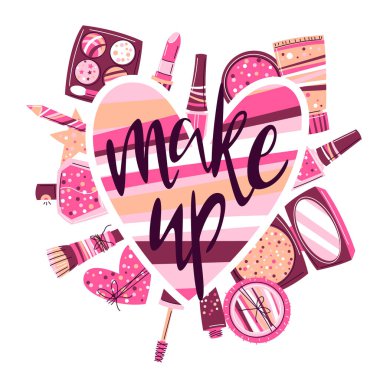 Cilt bakımı ve makyaj için makyaj malzemeleriyle donatılmış. Katalog ya da reklam için illüstrasyon. Güzellik ve moda ürünleri.