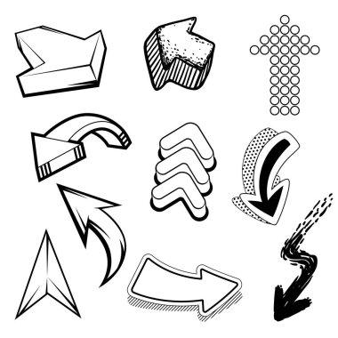 C soyut grafiti okları seti. Çizgi filmdeki yaratıcı genç imajı. Modern tarzda moda illüstrasyonu.