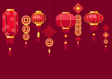 Mutlu Çin Yeni Yıl tebrik kartları ve asılı fenerler. Tılsımlı arka plan ve tatil süslemeleri. Asya geleneği sembolleri. Mutluluk, şans ve zenginlik dilekleri..