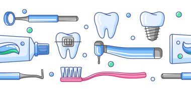 Diş teçhizatı simgeleriyle tıbbî desen. Diş hekimliği ve sağlık geçmişi. Stomatoloji ögeleri.