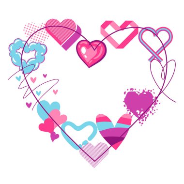 Çeşitli kalpleri olan Sevgililer Günü tebrik kartı. Romantik soyut arkaplan.