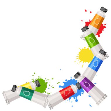 Boya tüpleriyle dolu bir arka plan. Boya aletleri ve malzemeler. Yaratıcılık için sanat malzemeleri. Sanatsal dekoratif ögeler.