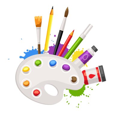 Ressam aletleri ve malzemelerle donatılmış. Yaratıcılık için sanat malzemeleri. Sanatsal dekoratif ögeler.