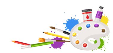 Ressam aletleri ve malzemelerle donatılmış. Yaratıcılık için sanat malzemeleri. Sanatsal dekoratif ögeler.