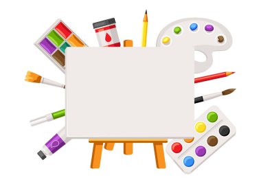 Ressam aletleri ve malzemelerle donatılmış. Yaratıcılık için sanat malzemeleri. Sanatsal dekoratif ögeler.