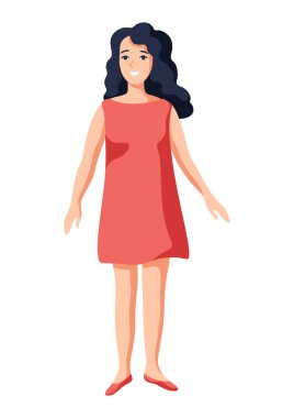 Ayakta duran genç bir kadın tasviri. Çizgi film tarzında sevimli, eğlenceli bir kız resmi.