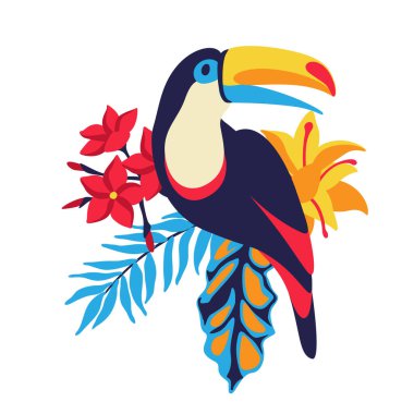 Illustration of toucan with tropical plants. Exotic decorative bird, flowers anf leaves. Stylized image for design.