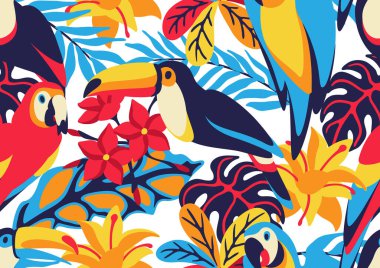 Seamless pattern with macaw parrot, toucan and tropical plants. Exotic decorative birds, flowers anf leaves. Stylized background for design.