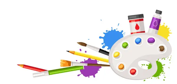 Ressam aletleri ve malzemelerle donatılmış. Yaratıcılık için sanat malzemeleri. Sanatsal dekoratif ögeler.