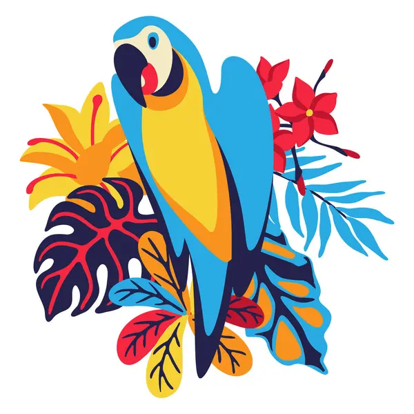 Illustration of macaw parrot with tropical plants. Exotic decorative bird, flowers anf leaves. Stylized image for design.