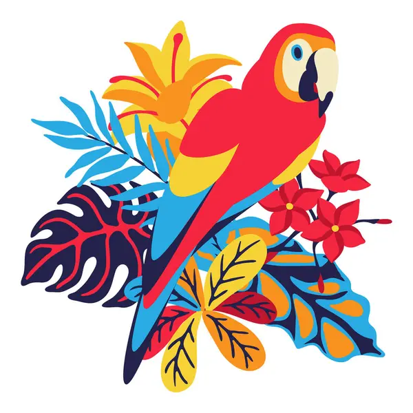 Illustration of macaw parrot with tropical plants. Exotic decorative bird, flowers anf leaves. Stylized image for design.