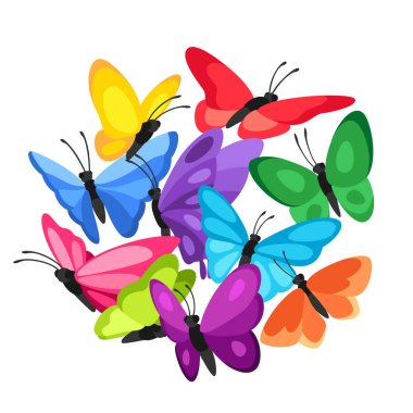 Dekoratif kelebeklerle arka plan tasarımı. Renkli parlak soyut böcekler.