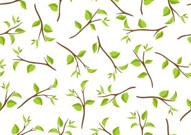 Seamless pattern with branches and green leaves. Spring or summer twigs. Natural image.