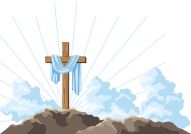 Christian illustration of wooden cross and shroud. Happy Easter image. Religious symbol of faith. clipart