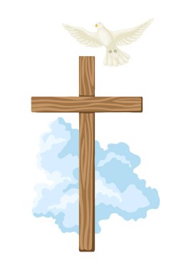 Ahşap haç ve güvercinin Hıristiyan çizimi. Mutlu Paskalya görüntüleri. İnancın dini sembolü.