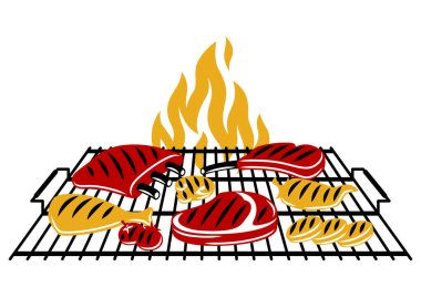 Izgara nesneleri ve simgelerle barbekü illüstrasyonu. Biçimlendirilmiş mutfak ve restoran menüsü öğeleri.