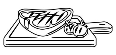 Izgara nesneleri ve simgelerle barbekü illüstrasyonu. Biçimlendirilmiş mutfak ve restoran menüsü öğeleri.