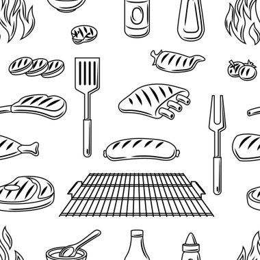 Izgara nesneleri ve simgeleriyle barbeküsüz desen. Biçimlendirilmiş mutfak ve restoran menüsü öğeleri.
