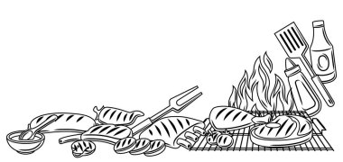 Izgara nesneleri ve simgelerle barbekü arkaplanı. Biçimlendirilmiş mutfak ve restoran menüsü öğeleri.