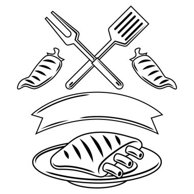 Izgara nesneleri ve simgelerle barbekü arkaplanı. Biçimlendirilmiş mutfak ve restoran menüsü öğeleri.