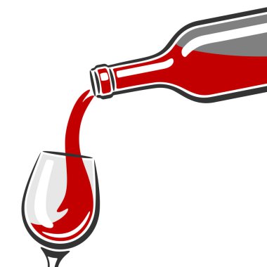 Kırmızı şaraplı cam ve şişe tasviri. Restoranlar ve barlar için görüntü. İş ve sanayi ürünü.