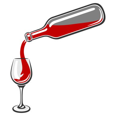 Kırmızı şaraplı cam ve şişe tasviri. Restoranlar ve barlar için görüntü. İş ve sanayi ürünü.