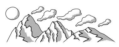 Dağlarla, tepelerle ve gökyüzüyle manzara. Doğal sahne illüstrasyonu. İşleme biçimi.