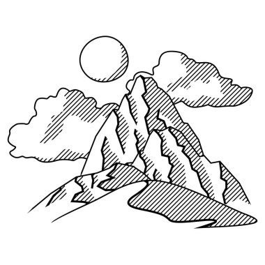 Dağlarla, tepelerle ve gökyüzüyle manzara. Doğal sahne illüstrasyonu. İşleme biçimi.