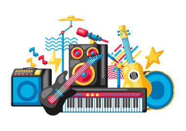 Müzik aletleriyle donatılmış bir arka plan. Müzik partisi ya da festival illüstrasyonu.