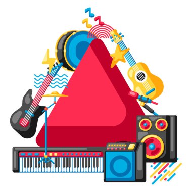 Müzik aletleriyle donatılmış bir arka plan. Müzik partisi ya da festival illüstrasyonu.