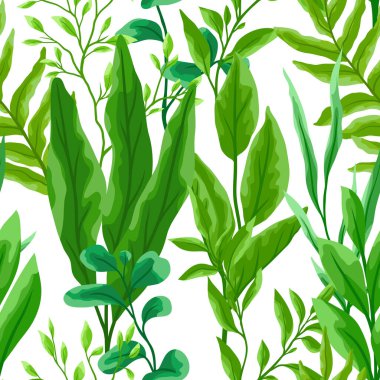 Dalları ve yeşil yaprakları olan kusursuz bir desen. Bahar ya da yaz stilize yapraklar. Mevsimsel illüstrasyon.