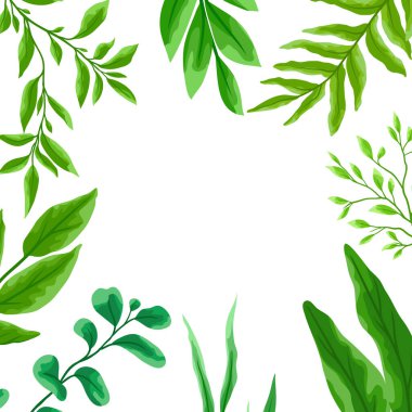 Kart ya da arka planda dallar ve yeşil yapraklar. Bahar ya da yaz stilize yapraklar. Mevsimsel illüstrasyon.