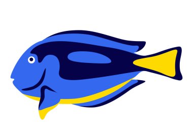 Tropikal toz mavi tang balığının tasviri. Akvaryum ve deniz hayvanı. Parlak renklerde biçimlendirilmiş resim.