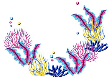 Deniz yosunları ve mercanlarla dolu bir arka plan. Deniz yaşamı akvaryumu ve deniz bitkisi. Parlak renklerde biçimlendirilmiş resim.