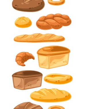 Çeşitli ekmeklerle kusursuz desen. Pastane ve bakkaliye resimleri. Sağlıklı geleneksel yiyecekler.