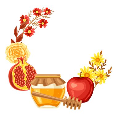 Shana Tova. Rosh Hashanah dekoratif çerçeve. Mutlu Yahudi Yeni Yılı. Festivalin geleneksel sembolleriyle tatil arkaplanı.