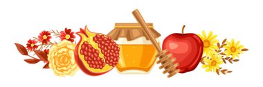 Shana Tova. Rosh Hashanah greeting card. Happy Jewish New Year. Holiday background with festival traditional symbols. clipart