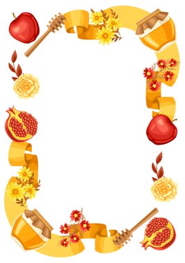 Shana Tova. Rosh Hashanah decorative frame. Happy Jewish New Year. Holiday background with festival traditional symbols. clipart