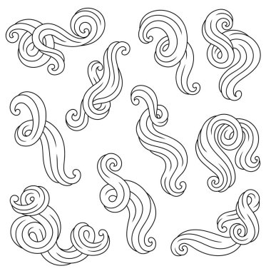 Dalga çizgisi kıvrımları. Tek renkli çizgiler siyah beyaz dokular. Girdap gibi soyut kürk ya da saç.