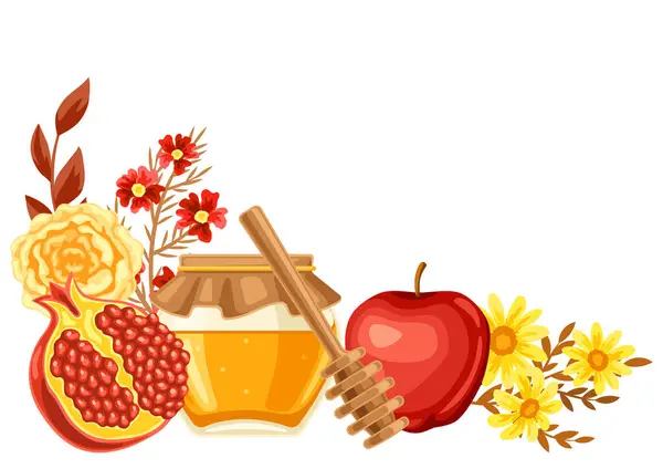 Shana Tova. Rosh Hashanah tebrik kartı. Mutlu Yahudi Yeni Yılı. Festivalin geleneksel sembolleriyle tatil arkaplanı.