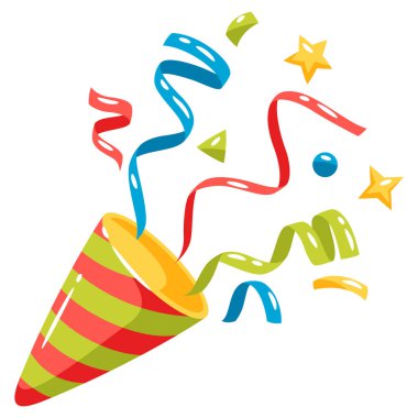 Konfetiyle patlayan parti patlatıcısının tasviri. Kutlama ve tatil için dekorasyon.