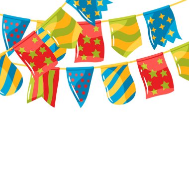 Renkli bayraklı çelenklerle donatılmış bir arka plan. Kutlama ve tatil için dekorasyon.